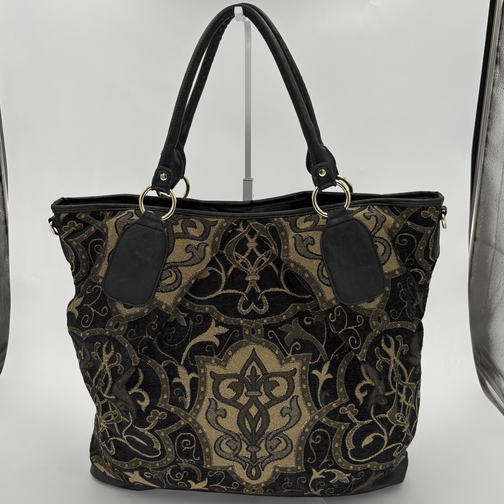 Baroque Tapestry Fleur De Lis Studded Tote Bag Black Gold Faux Leather - Picture 3 of 13
